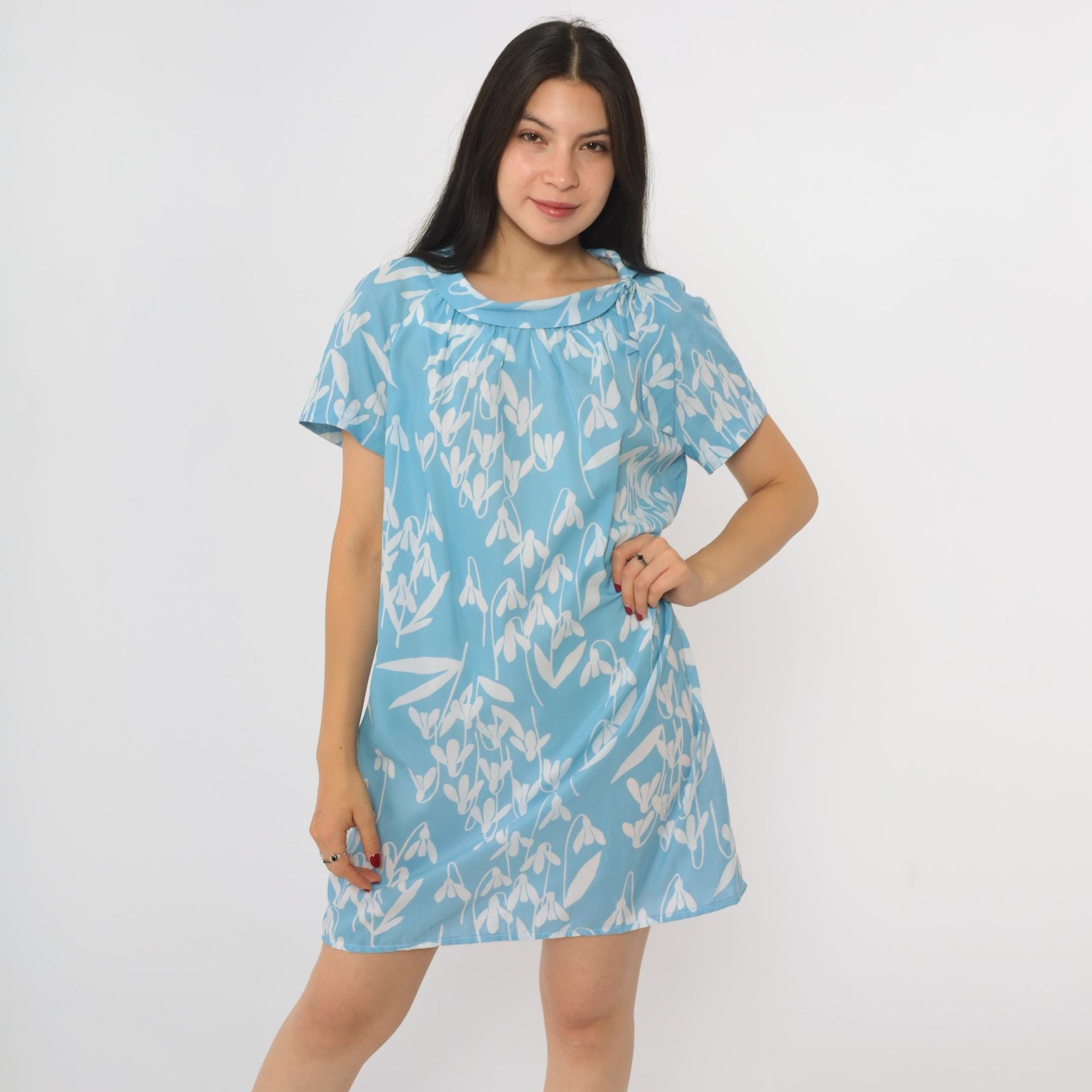 60s Blue Floral Shift Mini Dress Tie Collar Short Sleeve Medium M