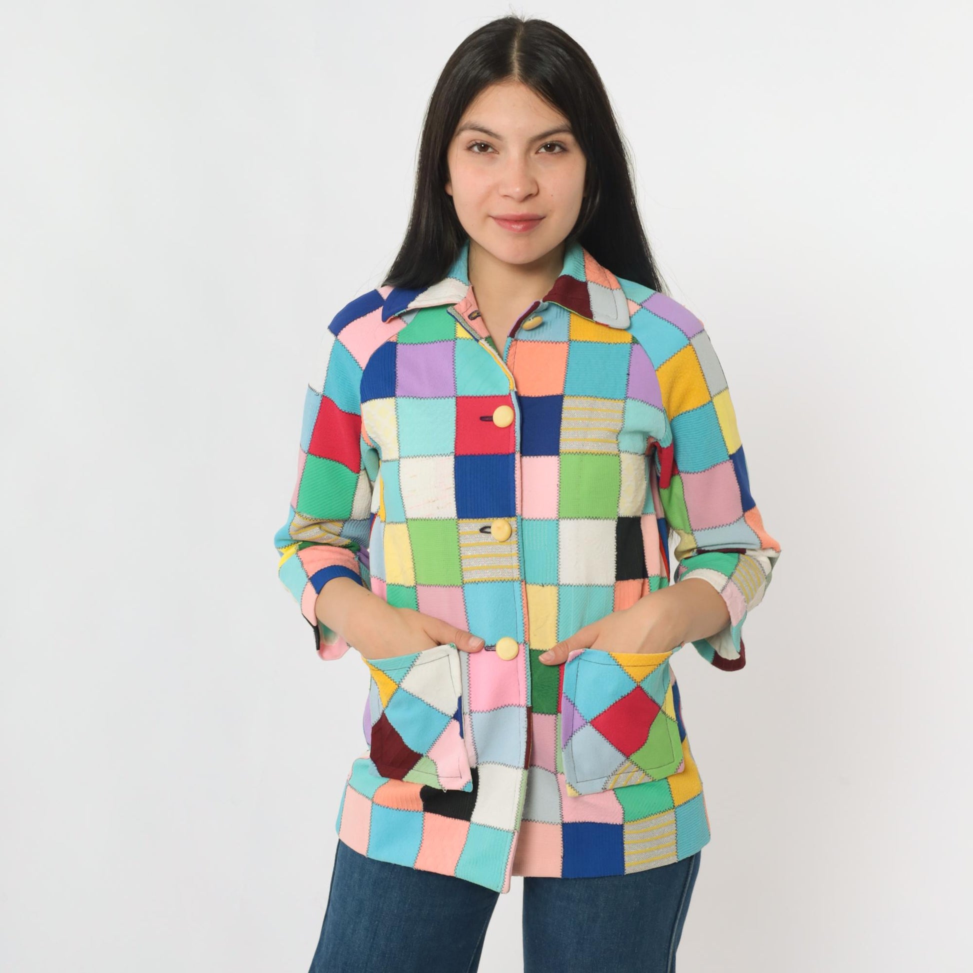 70s Patchwork Quilted Jacket Multicolor Square Block Notch Collar Extra Small