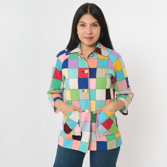 70s Patchwork Quilted Jacket Multicolor Square Block Notch Collar Extra Small