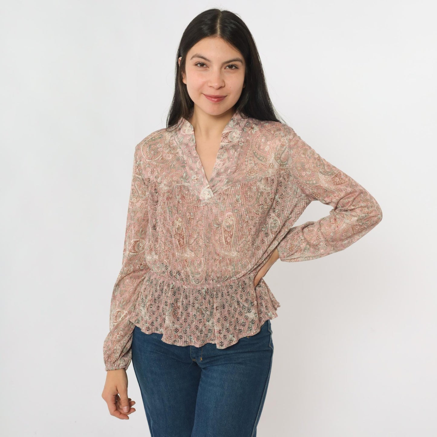 70s Pink Paisley Pleated Blouse Lace Cutouts Ruffled Collar Long Sleeve Medium