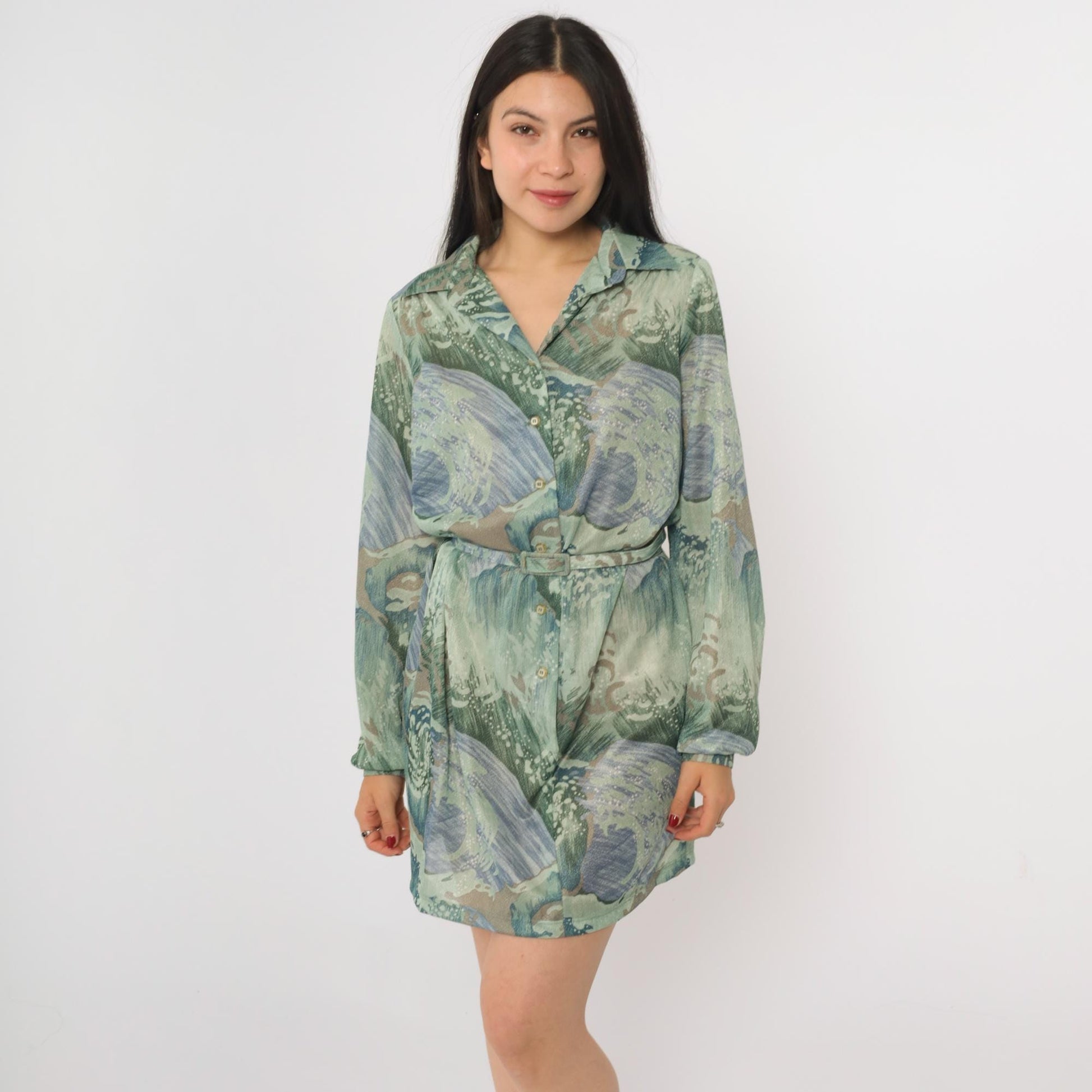 70s Abstract Wave Print Mini Shift Dress Button Up Long Sleeve Green Blue Medium M