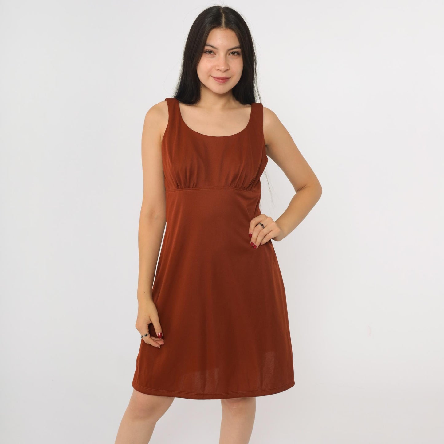 1970s Rust Brown Babydoll Mini Dress Empire Waist Scoop Neck Sleeveless Small