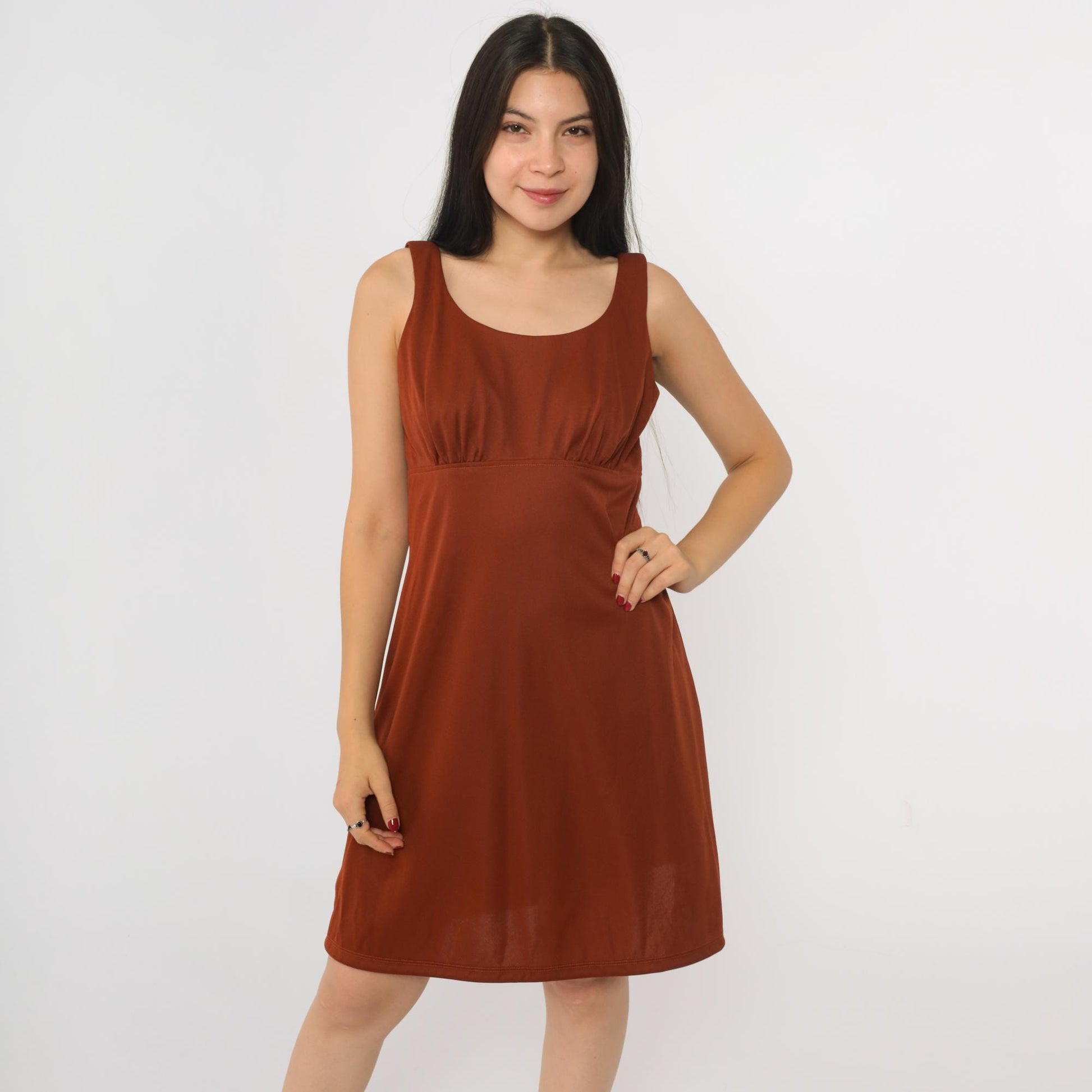 1970s Rust Brown Babydoll Mini Dress Empire Waist Scoop Neck Sleeveless Small
