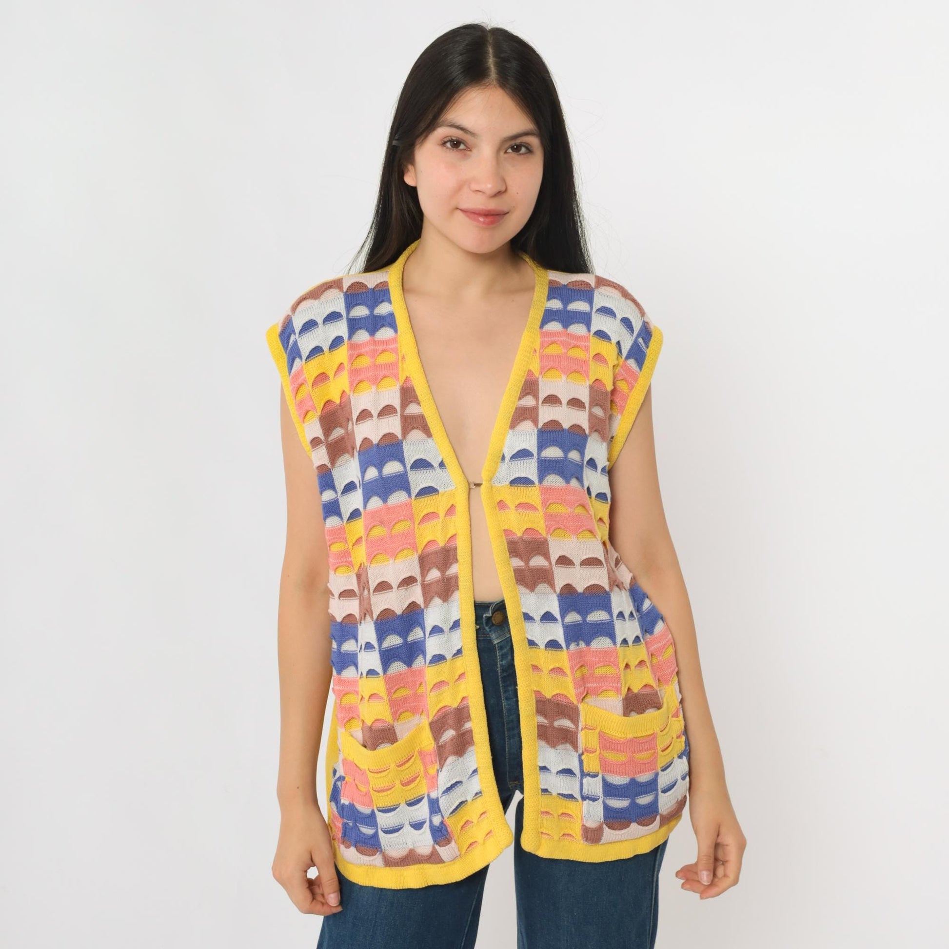 70s Patchwork Knit Vest Yellow Multicolor Open Front Sleeveless Large L