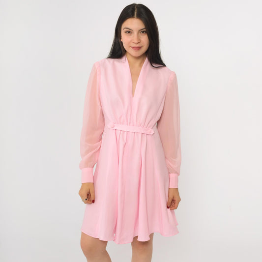 70s Pink Mini Dress V-Neck Sheer Chiffon Sleeve High Waist Gathered Medium