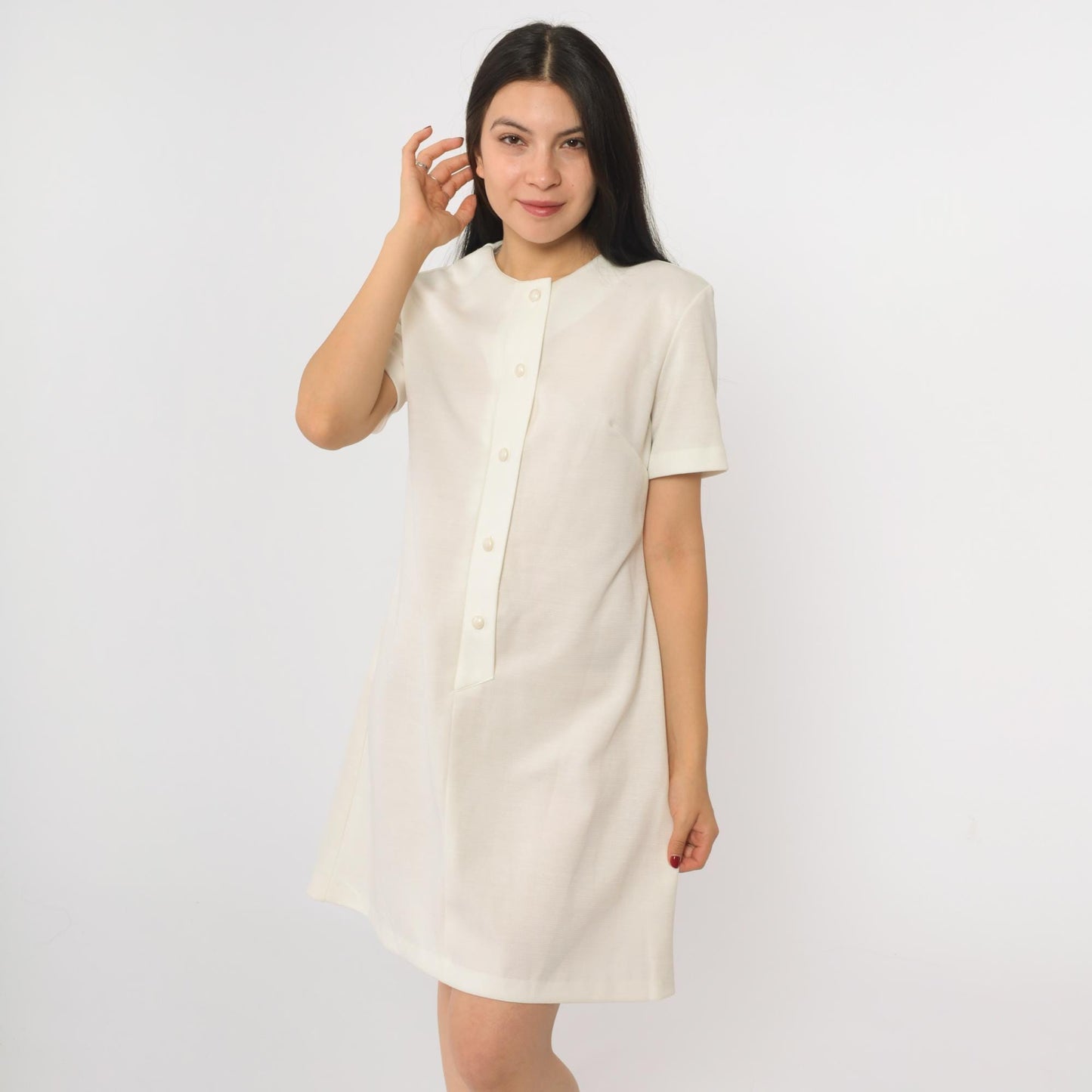 1970s White Shift Mini Dress Button-Up Short Sleeve Shirtdress Medium Large