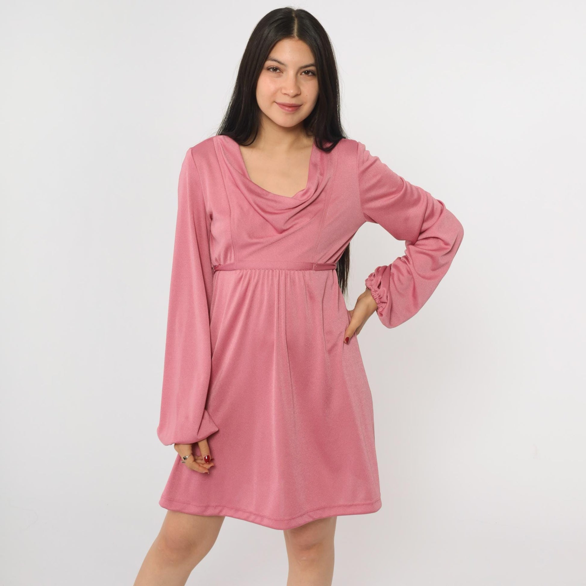 70s Pink Cowl Neck Mini Dress Balloon Sleeve Empire Waist Small