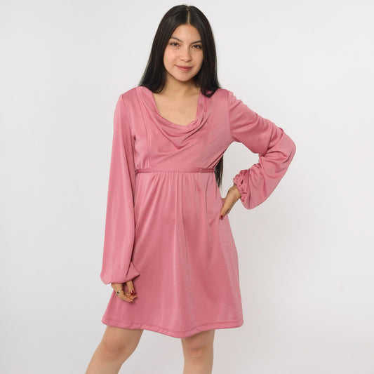 70s Pink Cowl Neck Mini Dress Balloon Sleeve Empire Waist Small
