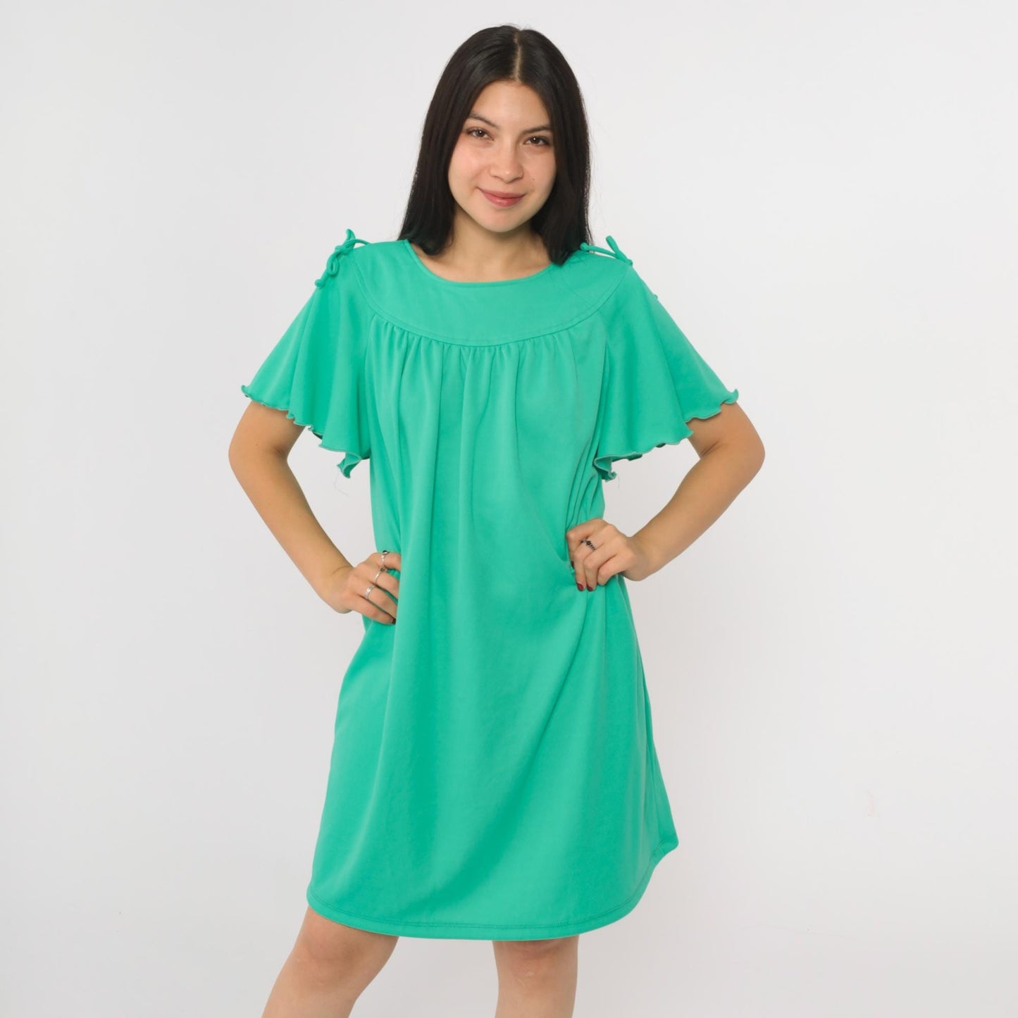70s Green Flutter Sleeve Mini Dress Tent Cut Lettuce Edge Large L
