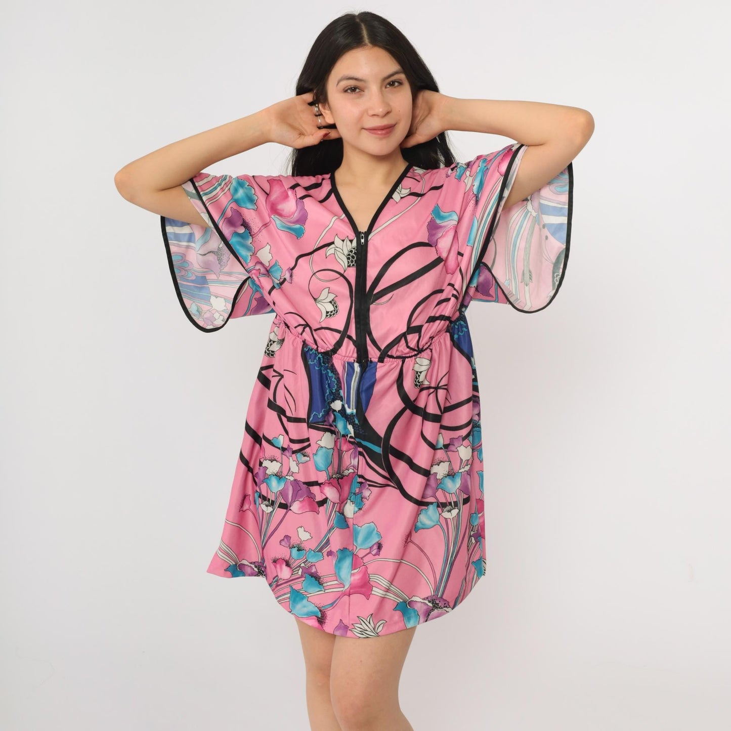 70s Pink Floral Mini Dress V Neck Flutter Sleeve High Waist Zip Front Medium