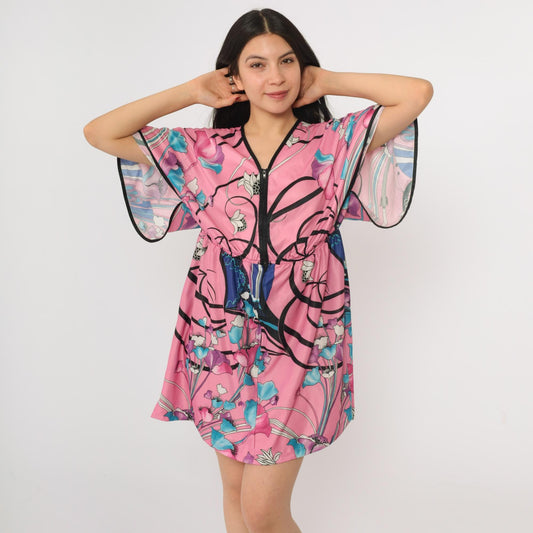 70s Pink Floral Mini Dress V Neck Flutter Sleeve High Waist Zip Front Medium