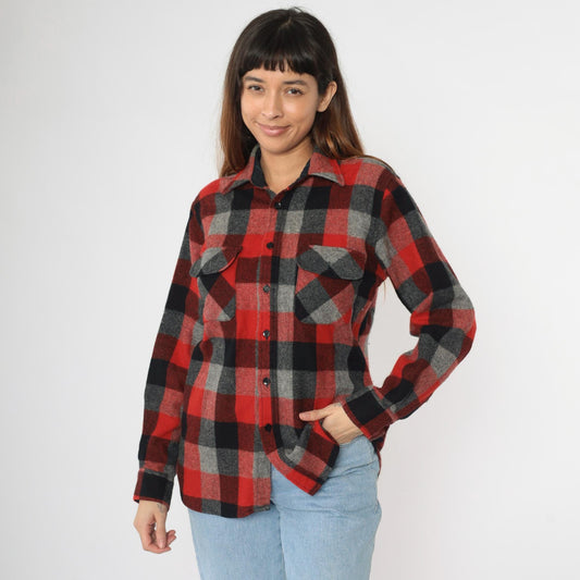 70s Buffalo Plaid Wool Blend Shirt Red Grey Black Lumberjack Button Up Medium