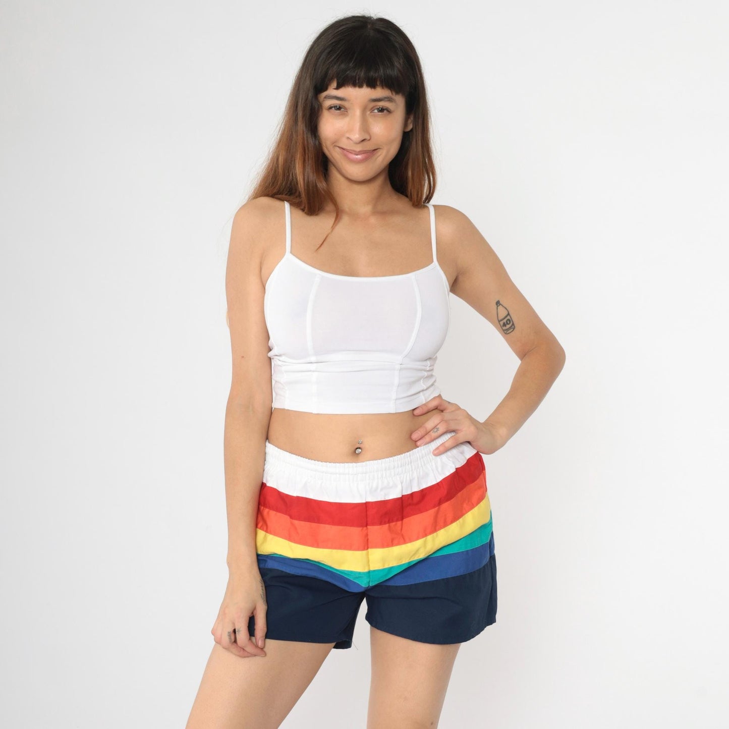 80s Catalina Rainbow Striped Swim Trunks White Colour Block Shorts Small