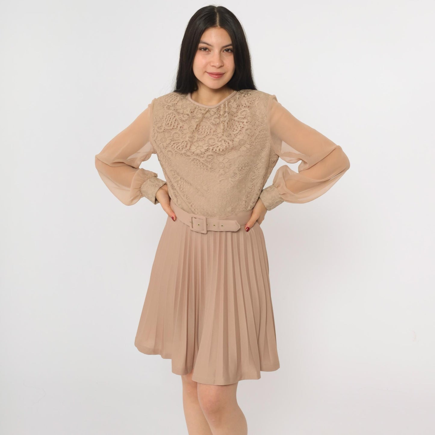 70s Taupe Lace Crochet Mini Dress High Waist Pleated Chiffon Sleeve Small