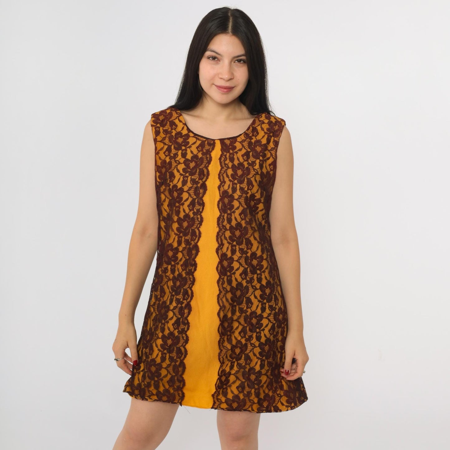 60s Orange Lace Cocktail Dress Shift Sleeveless Mini Small S