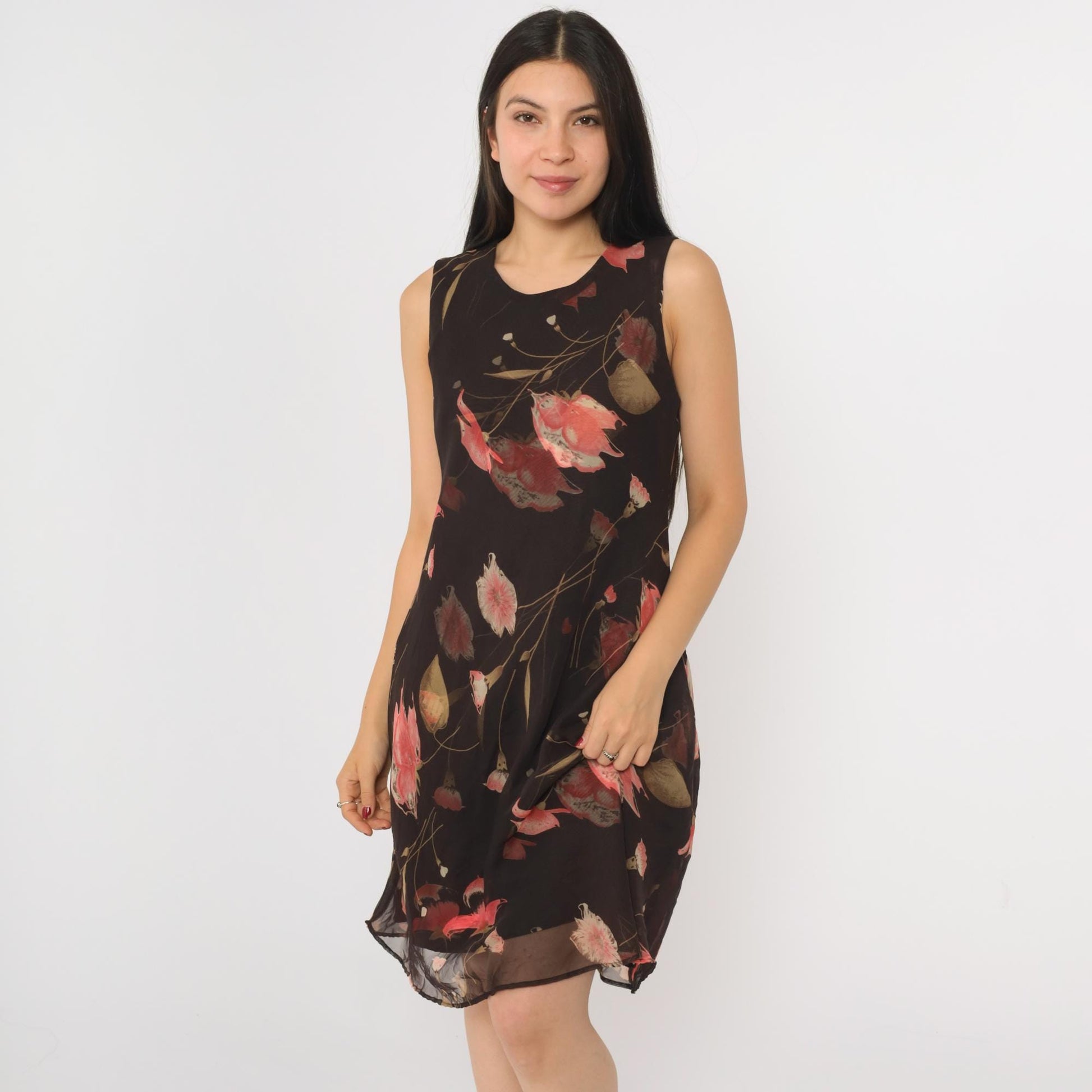 90s Jessica Howard Brown Floral Chiffon Midi Dress Sleeveless Medium M