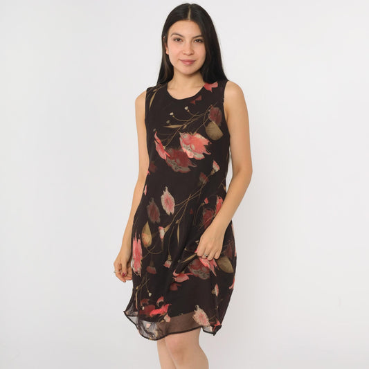 90s Jessica Howard Brown Floral Chiffon Midi Dress Sleeveless Medium M