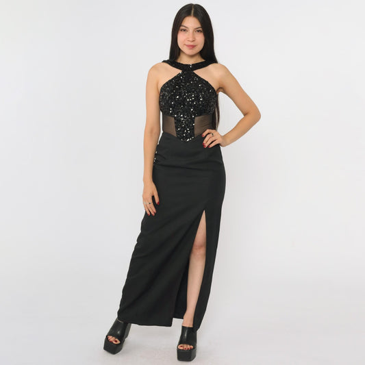 90s Black Sequin Halter Evening Gown Open Back High Slit Mesh Inset Extra Small