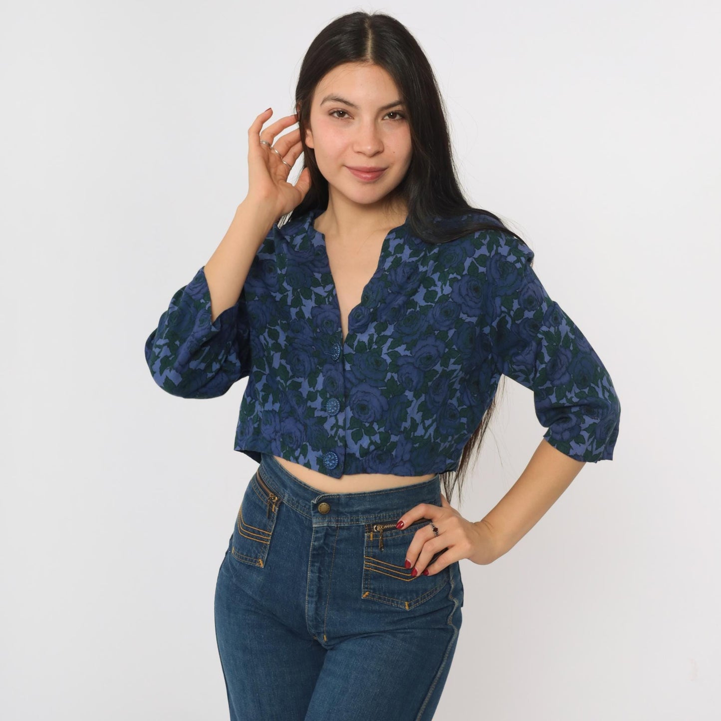 60s Floral Cropped Blouse Dark Blue Button-Up Collar Shirt 3/4 Sleeve Medium M