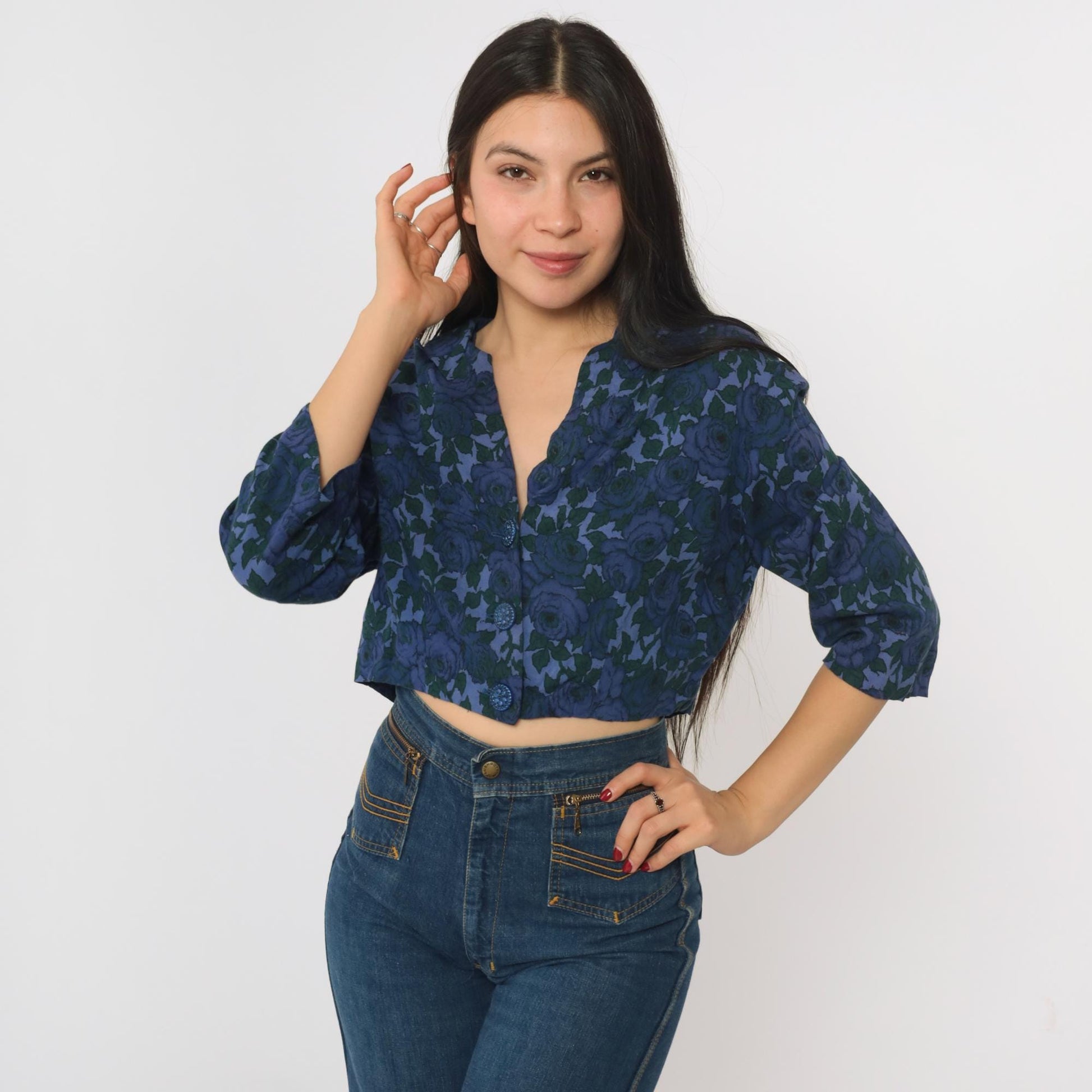 60s Floral Cropped Blouse Dark Blue Button-Up Collar Shirt 3/4 Sleeve Medium M