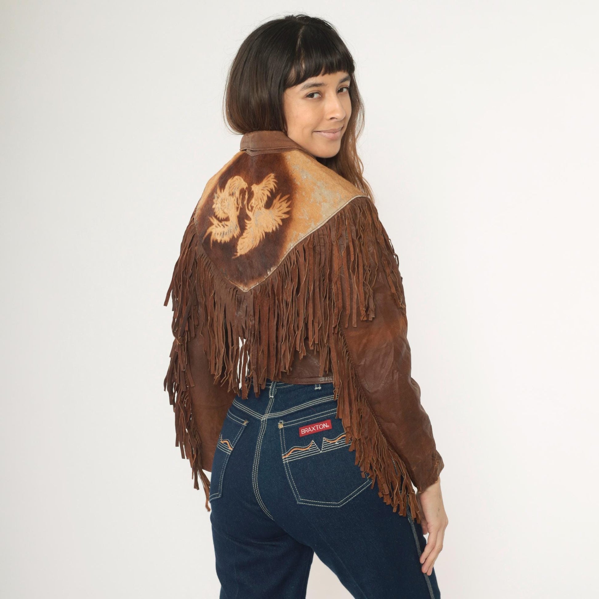 1970s Leather Fringe Jacket Brown Cowhide Eagle Yoke Western Snap Extra Small