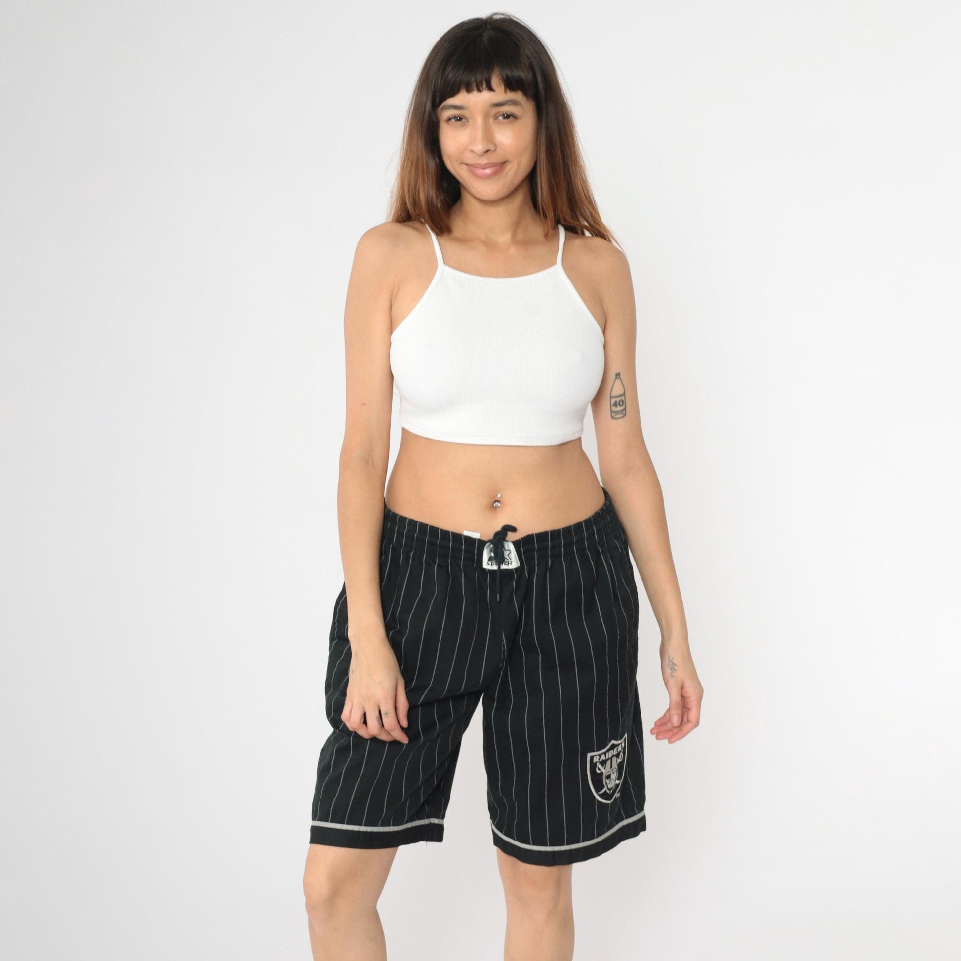 90s Starter Raiders NFL Shorts Black Pinstriped Elastic Waist Large