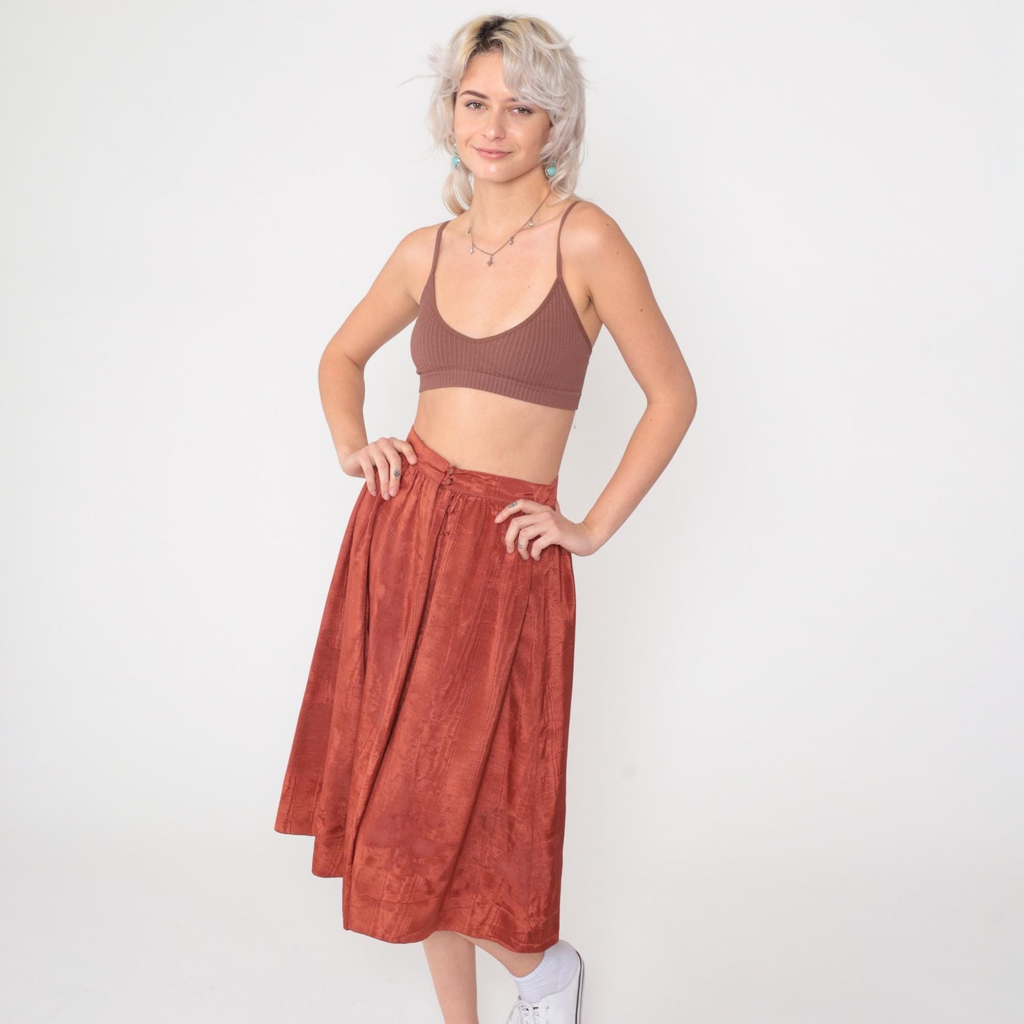 80s Rust Orange Midi Skirt High Waist Pleated Full A-Line Extra Small