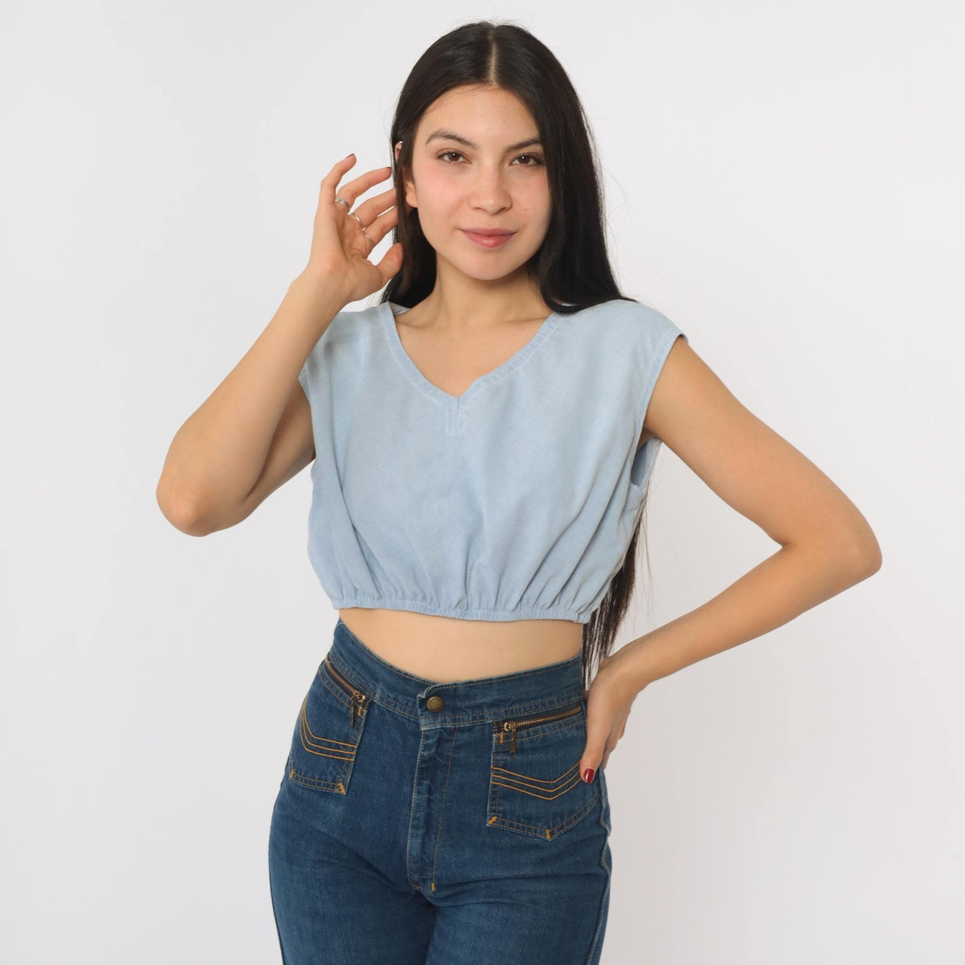 80s Light Blue Crop Top V-Neck Cap Sleeve Small