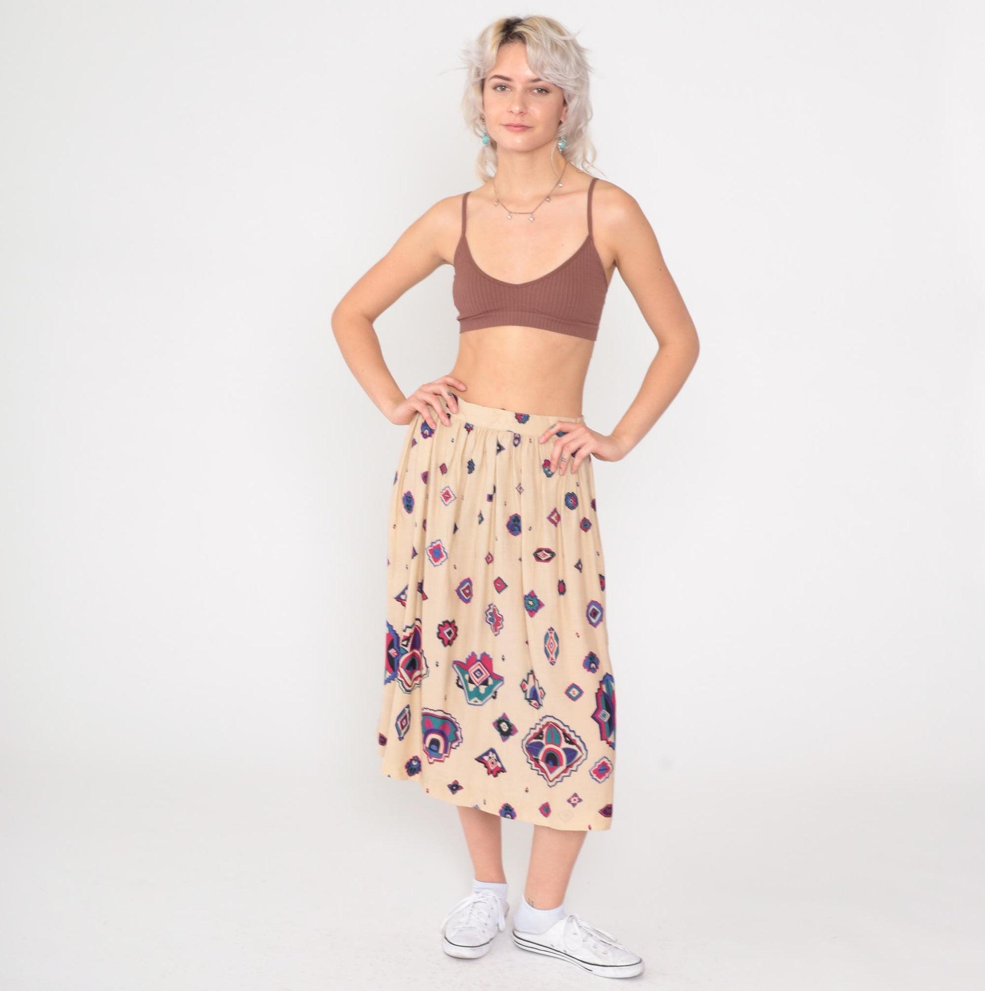 80s Panther Southwestern Midi Skirt Cream Geometric High Waist Small