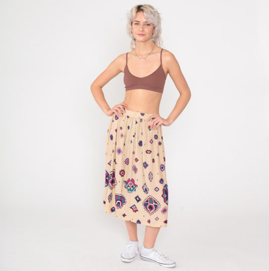 80s Panther Southwestern Midi Skirt Cream Geometric High Waist Small