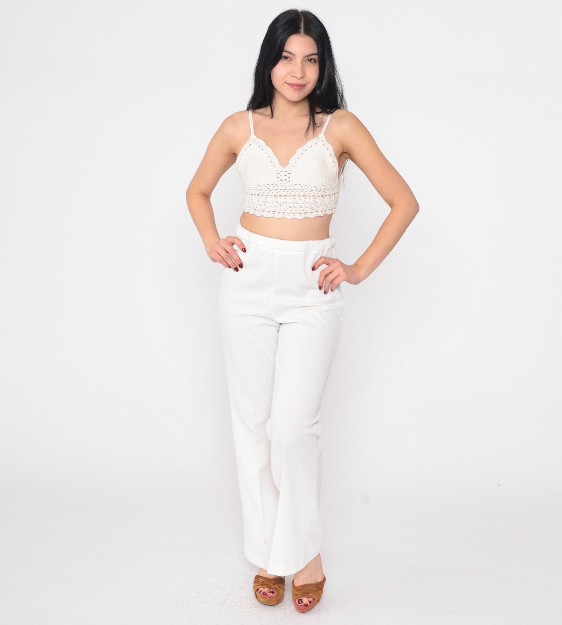 70s White High-Waist Straight Flared Trousers Elastic Waist Medium