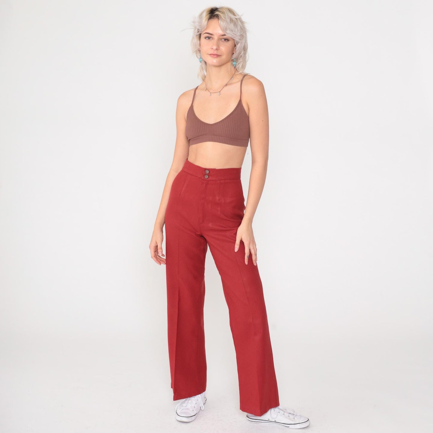70s Red High-Waisted Flared Trousers Creased Leg Vintage Extra Small
