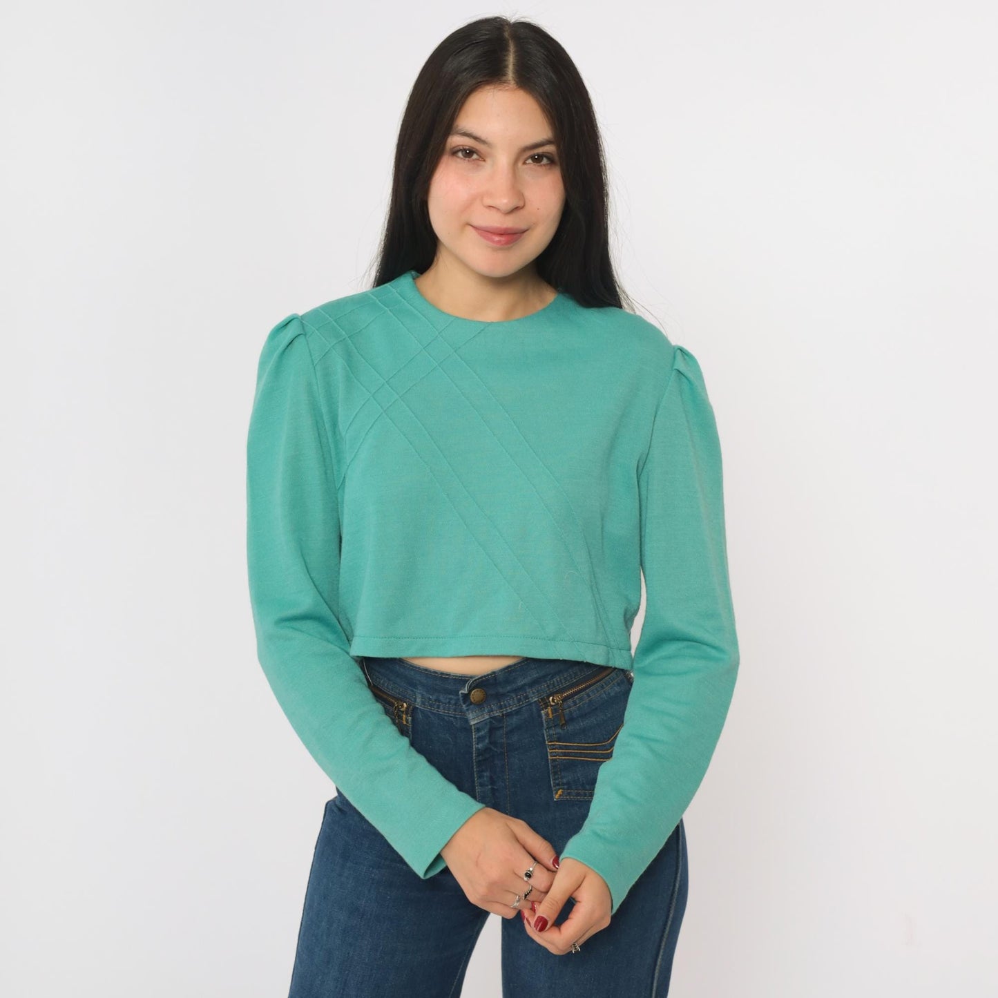 80s Green Puff Sleeve Crop Top Lattice Texture Wool Blend Medium
