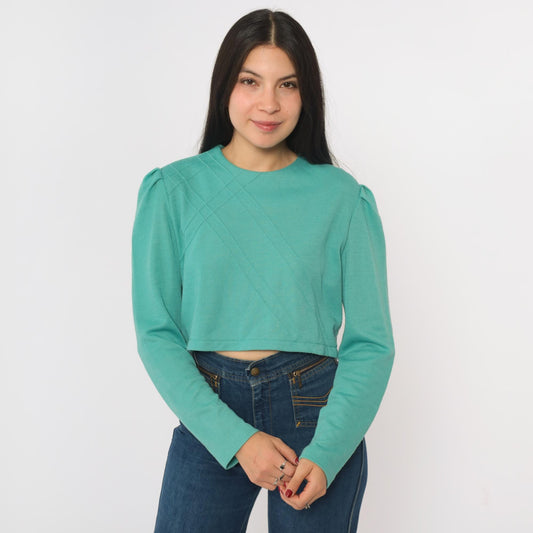 80s Green Puff Sleeve Crop Top Lattice Texture Wool Blend Medium