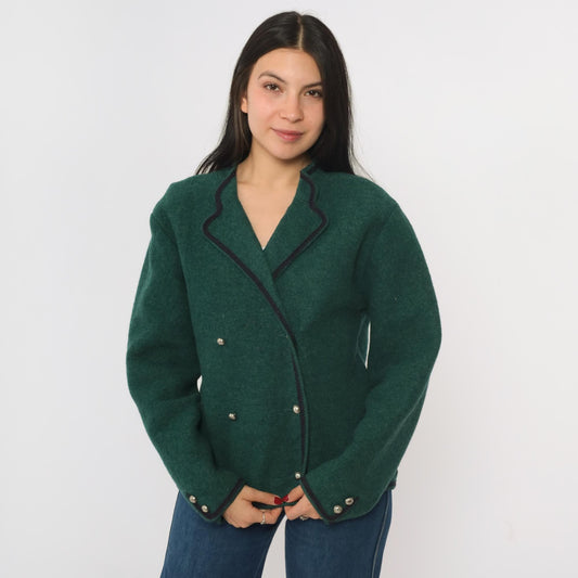 80s Lands' End Austrian Wool Jacket Double Breasted Green Tyrolean Blazer Large 12