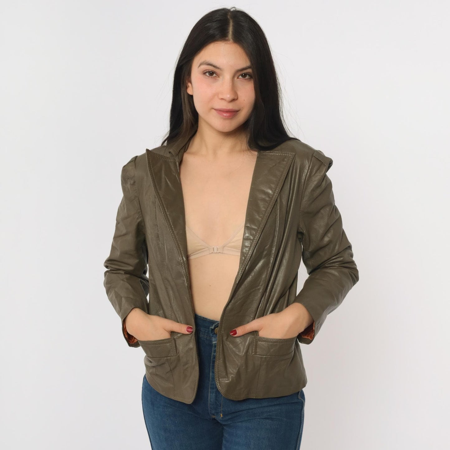 80s Carlisle Couture Brown Leather Blazer Puff Sleeve Open Front Small