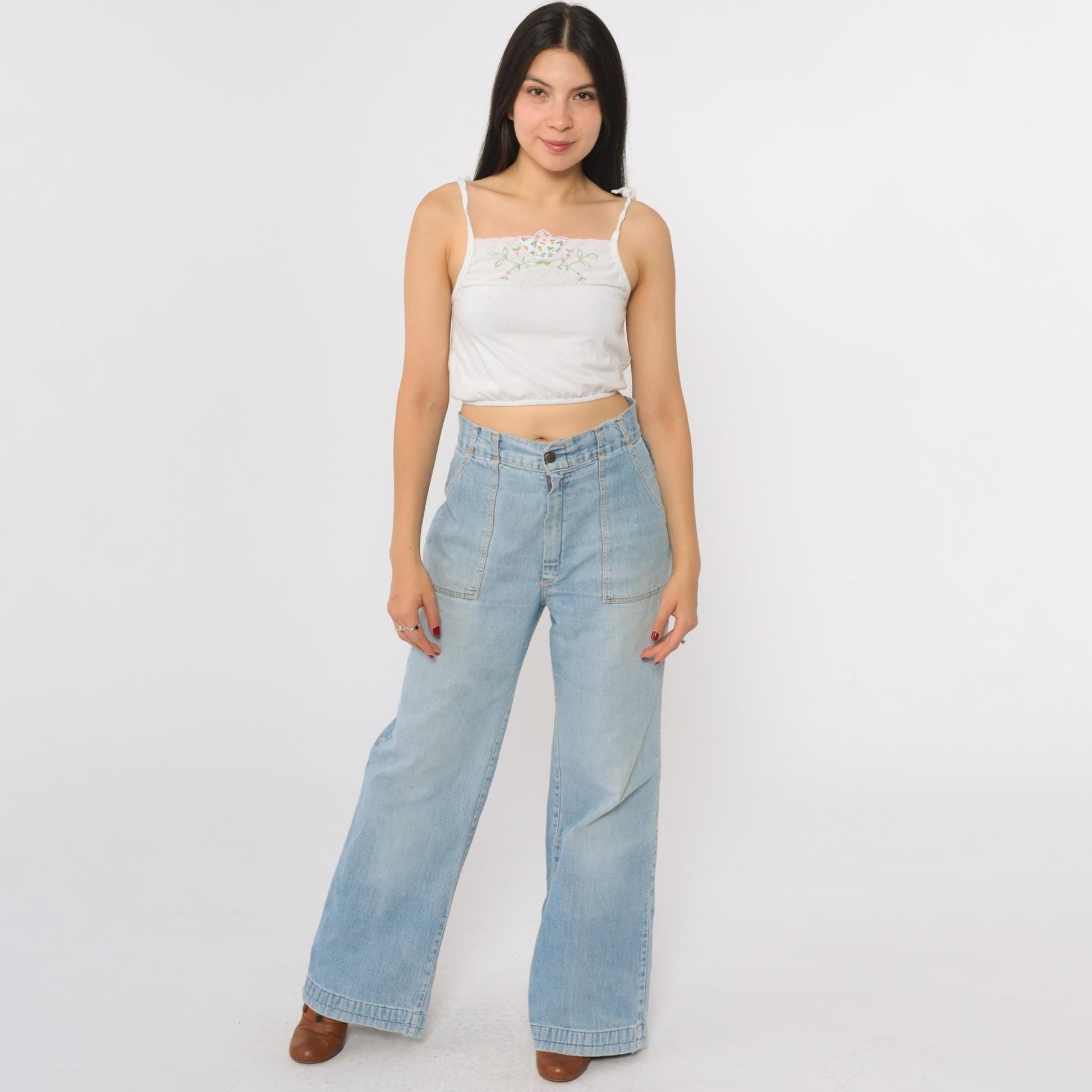 70s Wide Leg Jeans Faded Blue Denim High Waist Bell Bottom Small