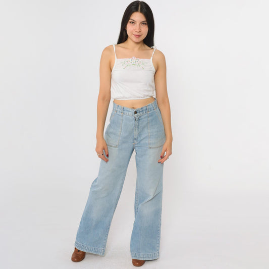 70s Wide Leg Jeans Faded Blue Denim High Waist Bell Bottom Small