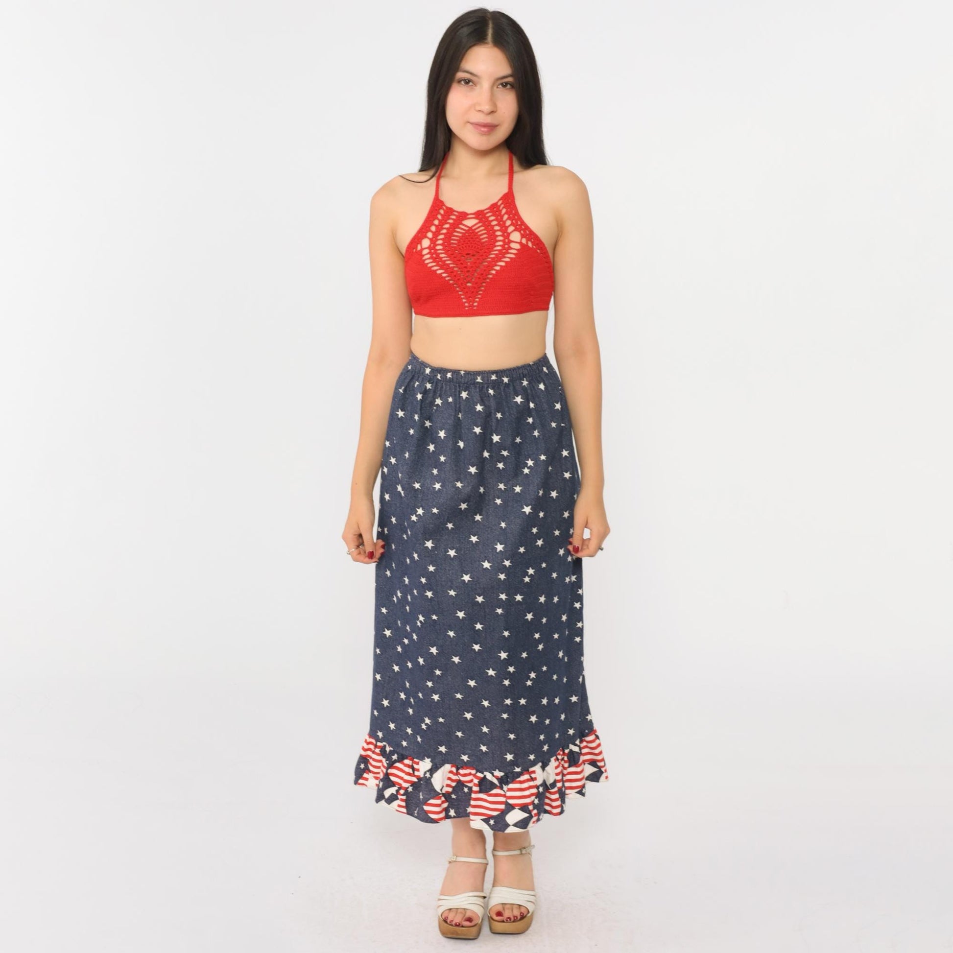 90s Patriotic Midi Skirt American Flag Star Print Ruffle Hem Red White Blue XS
