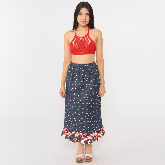 90s Patriotic Midi Skirt American Flag Star Print Ruffle Hem Red White Blue XS