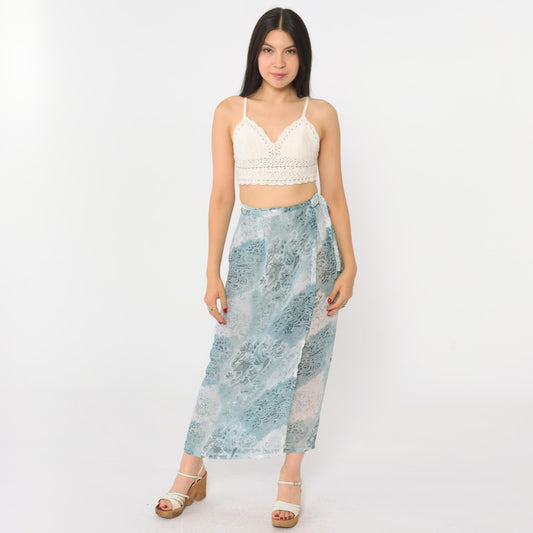 00s Blue Paisley Floral Wrap Maxi Skirt High Waist Tie Ankle Length Small