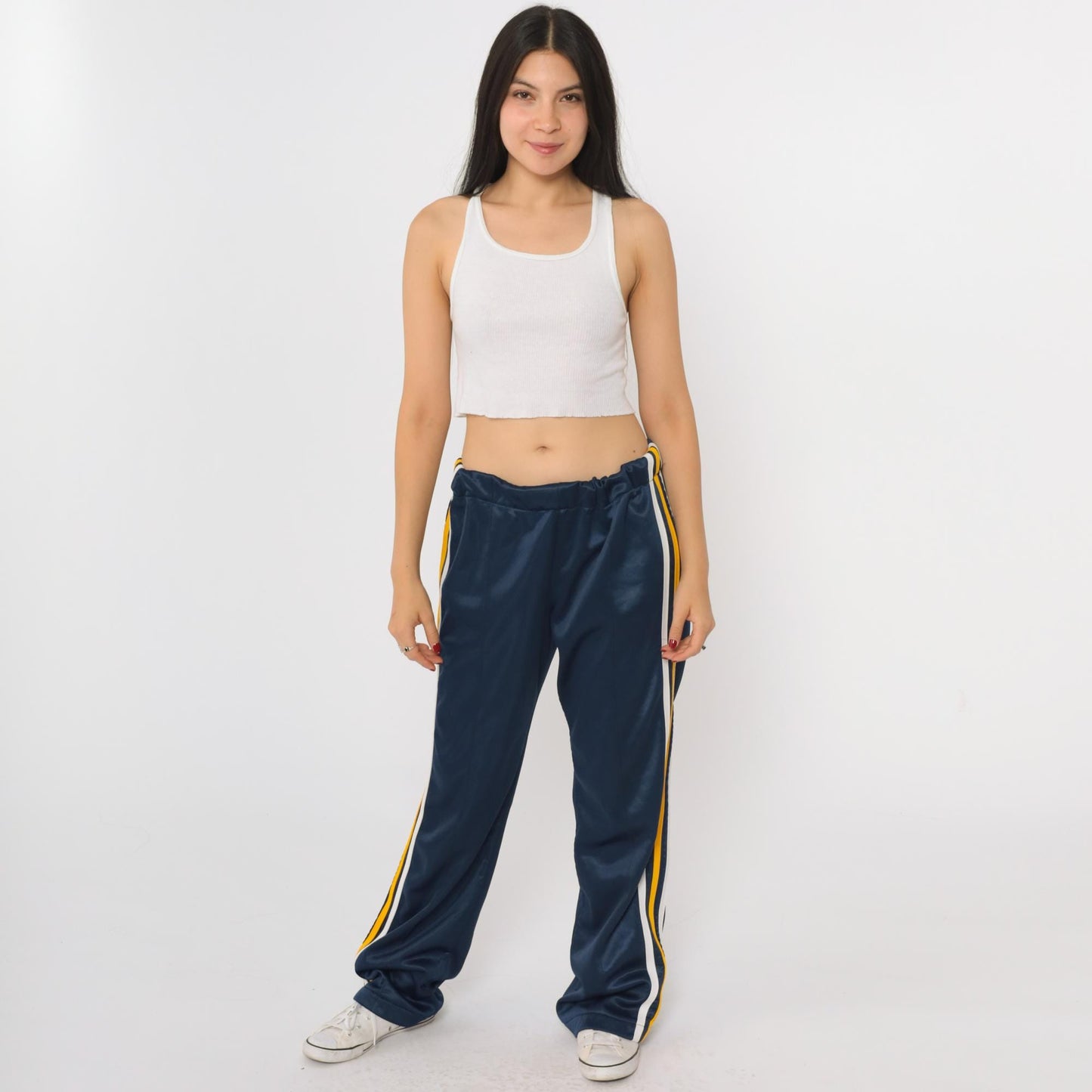 80s Navy Track Pants White Yellow Stripe Wide Leg Elastic Waist Medium Large