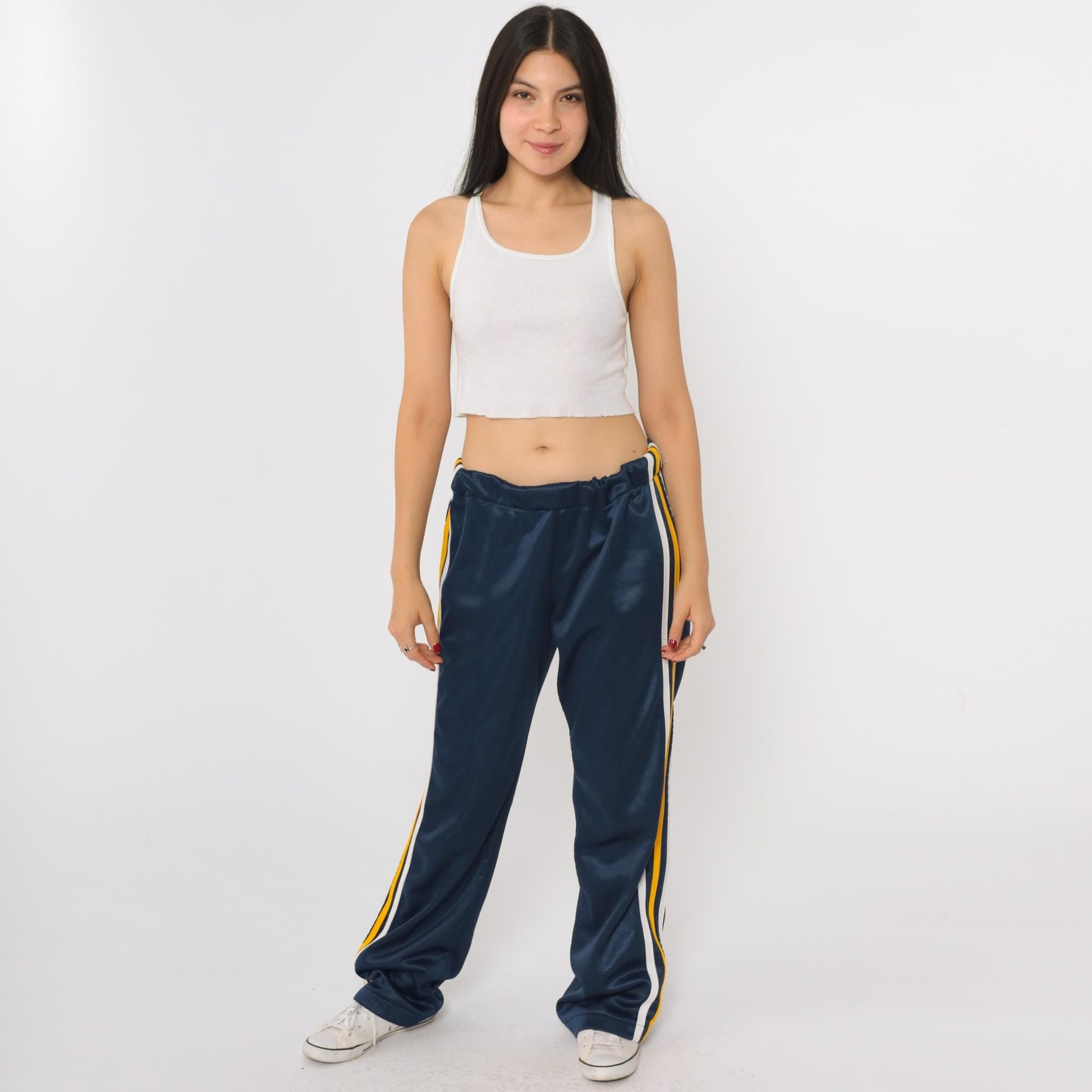 80s Navy Track Pants White Yellow Stripe Wide Leg Elastic Waist Medium Large