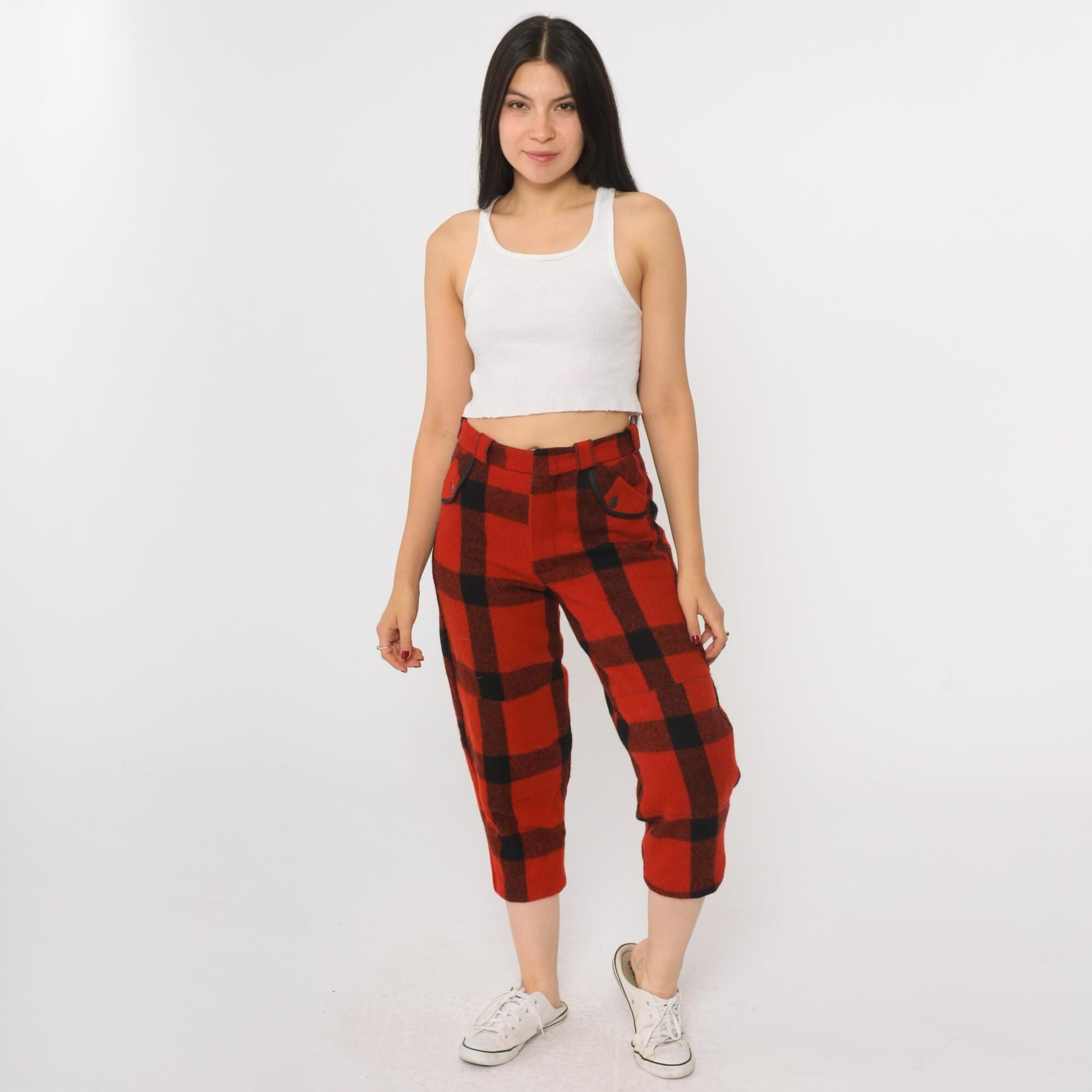70s Buffalo Plaid Wool Capris Red Black High Waisted Cropped Pants Small