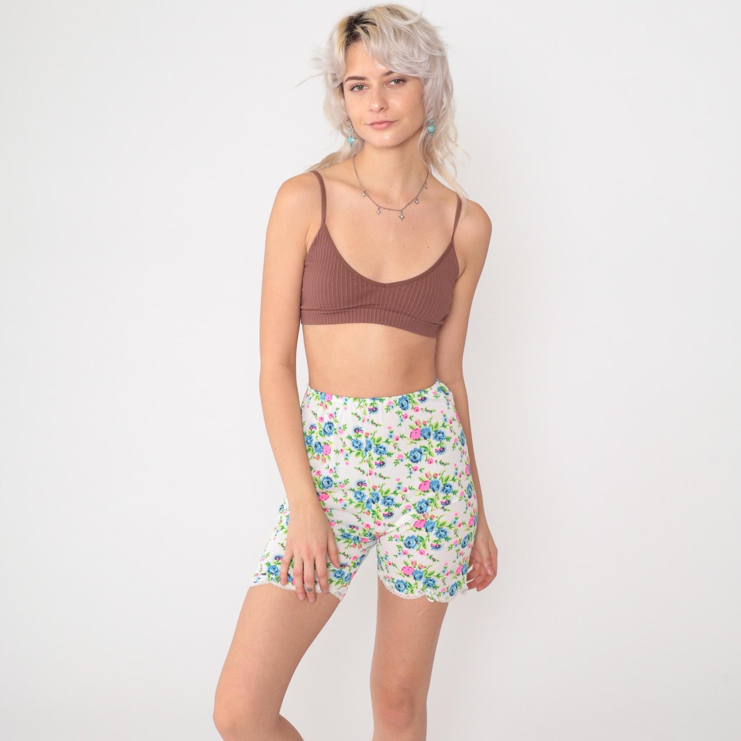 70s Deena Fine Lingerie Floral Bike Shorts White Nylon Lace Trim XS