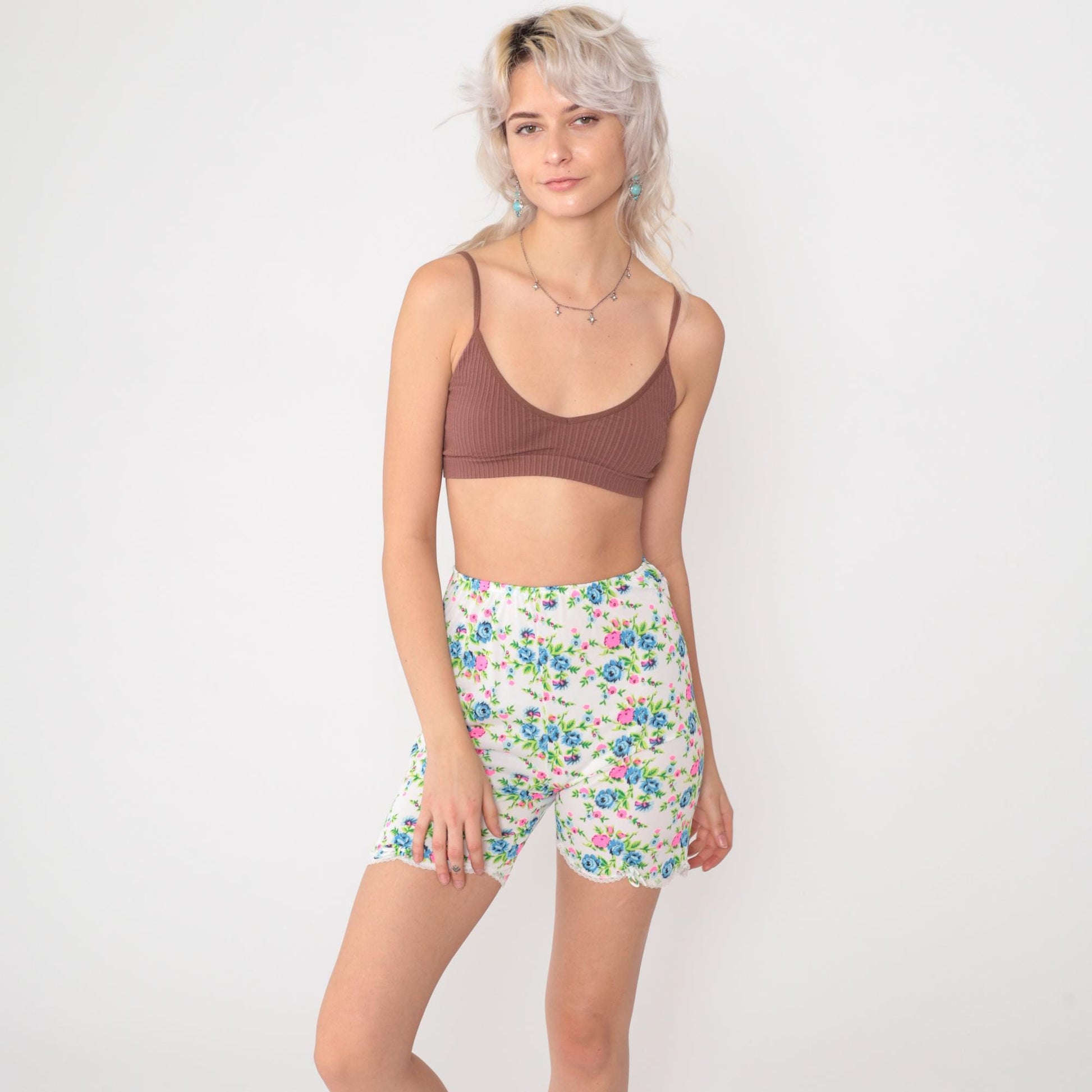 70s Deena Fine Lingerie Floral Bike Shorts White Nylon Lace Trim XS
