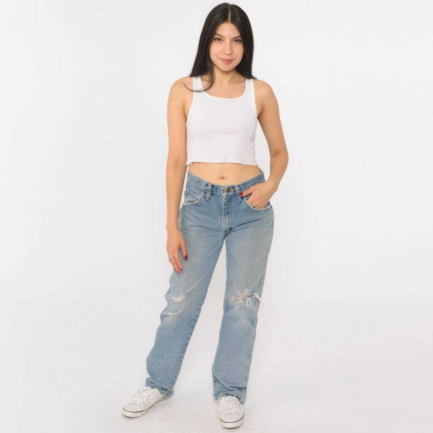 00s Wrangler Straight Leg High Rise Jeans Faded Blue Ripped 29x32