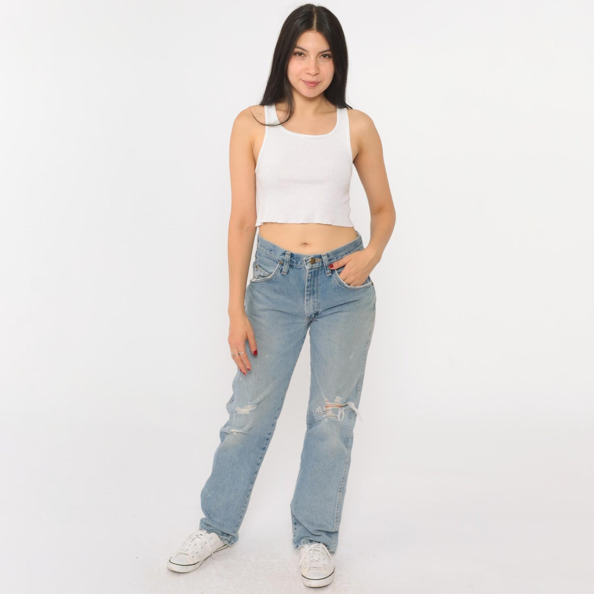 00s Wrangler Straight Leg High Rise Jeans Faded Blue Ripped 29x32