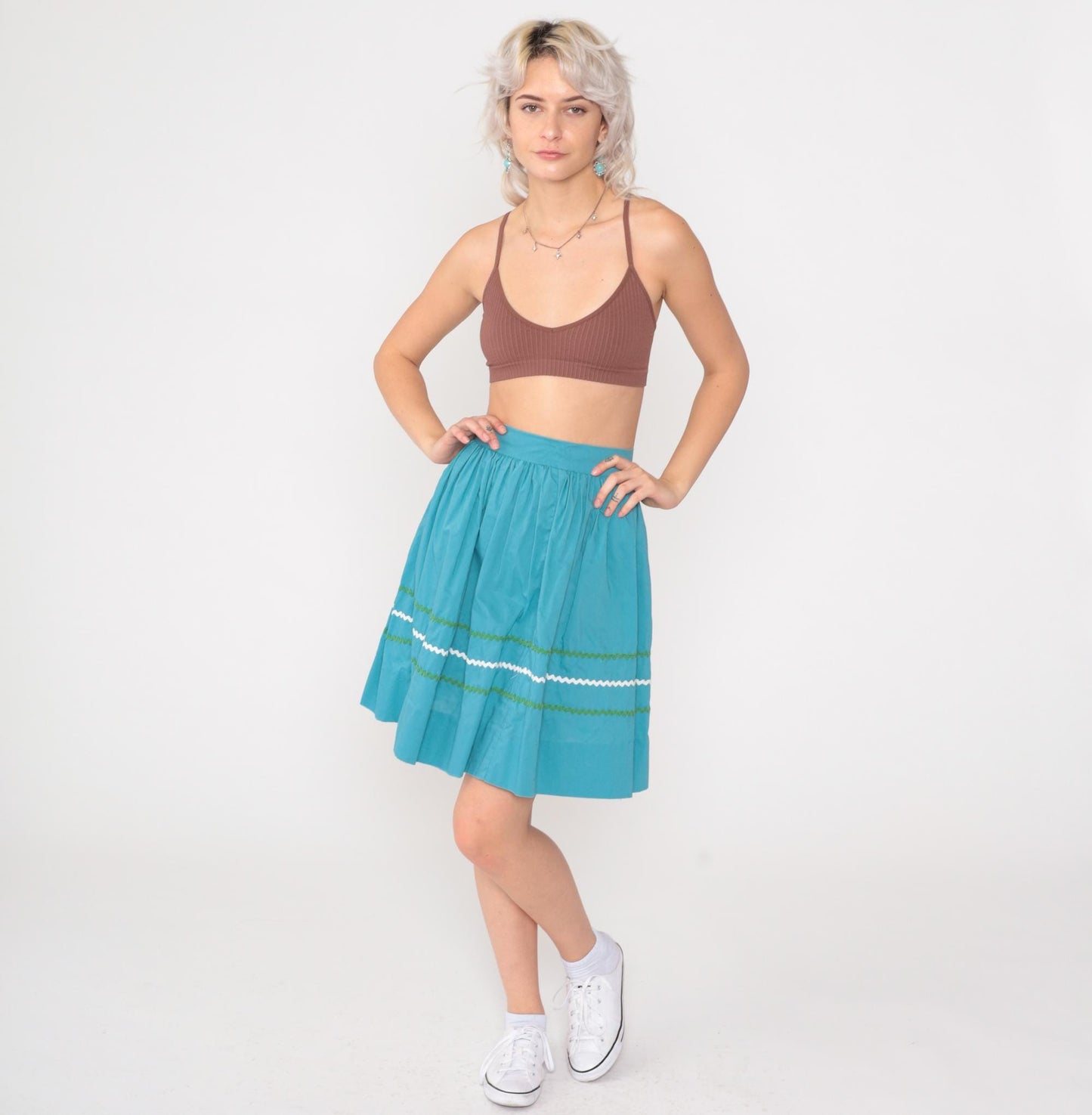 1950s Turquoise High-Waist Mini Skirt Rickrack Trim Full Circle XXS