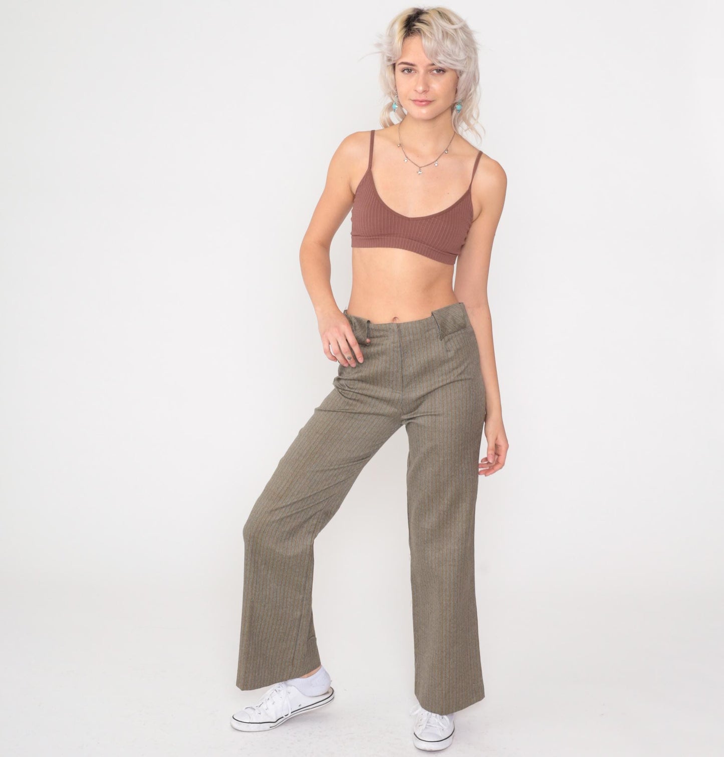 70s Grey Herringbone Pinstriped High-Rise Flare Pants Small